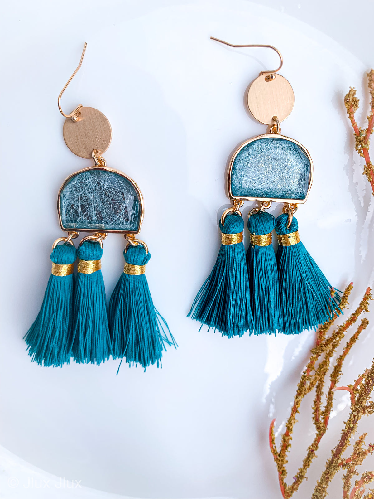 Earring HALF MOON CRYSTAL WITH THREAD TASSEL